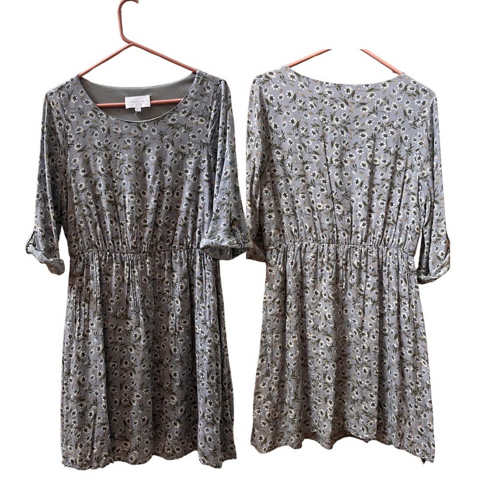 French Grey Floral Midi Dress - Gray and White